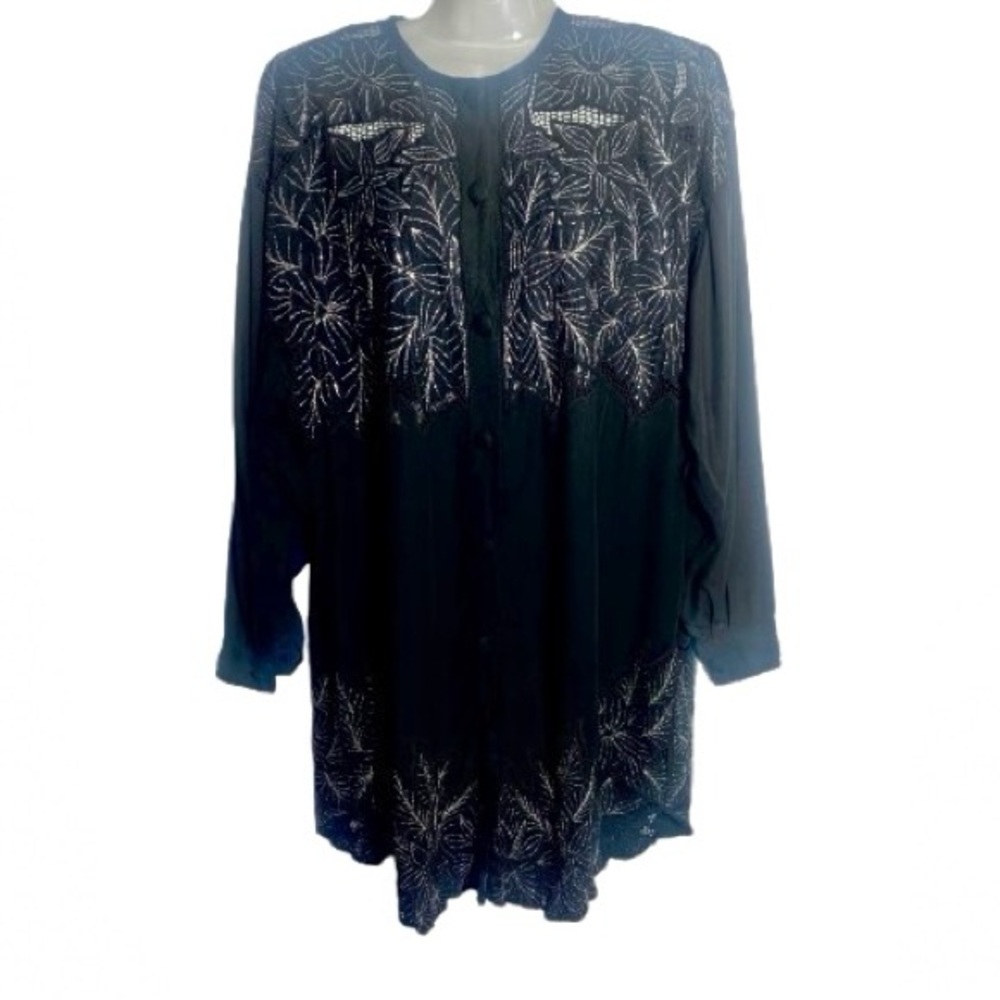 Bali Chic Black & Silver Embroidered Botanical Long Sleeve Tunic Top